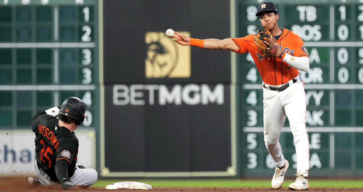 Houston Astros shortstop Jeremy Pena (3) turns the double play on Baltimore Orioles designated hitter Anthony Santander, Orioles Adley Rutschman (35) out at second on the play during the third inning of an MLB baseball game at Minute Maid Park on Friday, Aug. 26, 2022 in Houston.