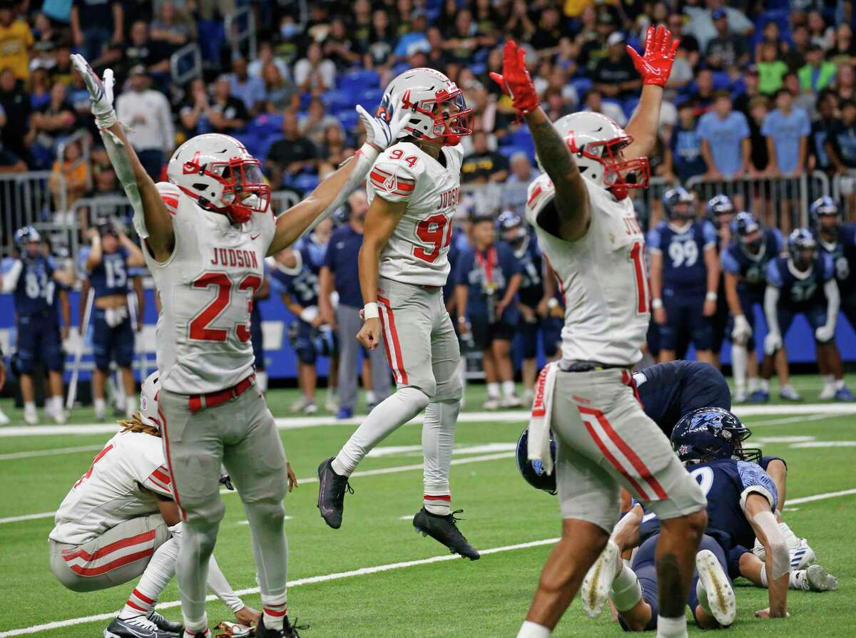 Judson kicker Adrian Cortes (94) celebrates after his field goal gave his team victory over Johnson 46-43 in OT on Saturday, Aug. 27,2022 at the Alamodome.