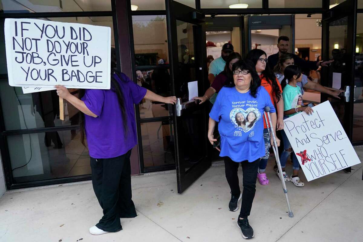 Uvalde community members file out of a meeting where Uvalde CISD Police Chief Pete Arredondo was terminated by trustees Wednesday. A reader wants to know how safe are children going to feel returning to class.