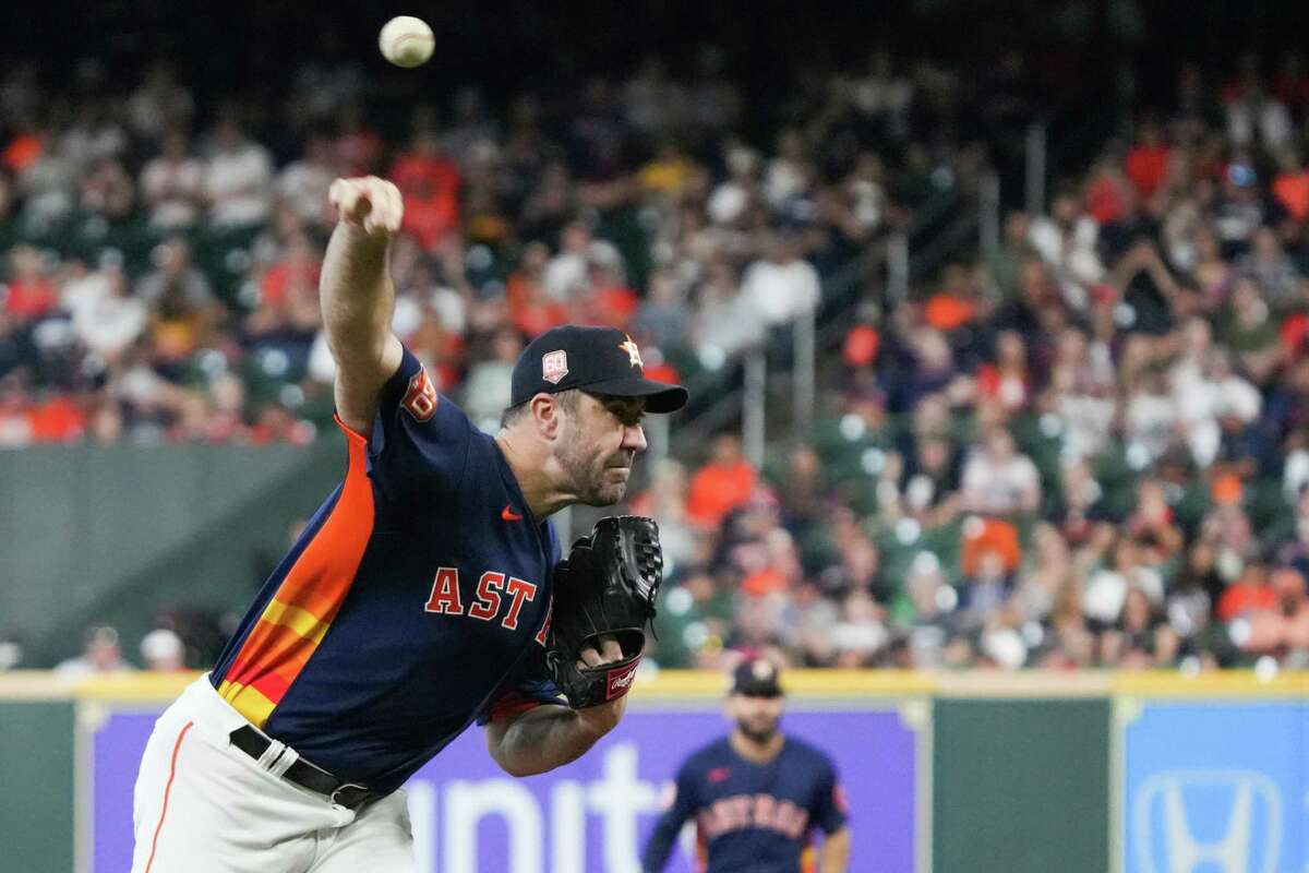 Houston Astros starting pitcher Justin Verlander pitches against the Baltimore Orioles during the first inning of a Major League Baseball game on Sunday, Aug. 28, 2022, in Houston.