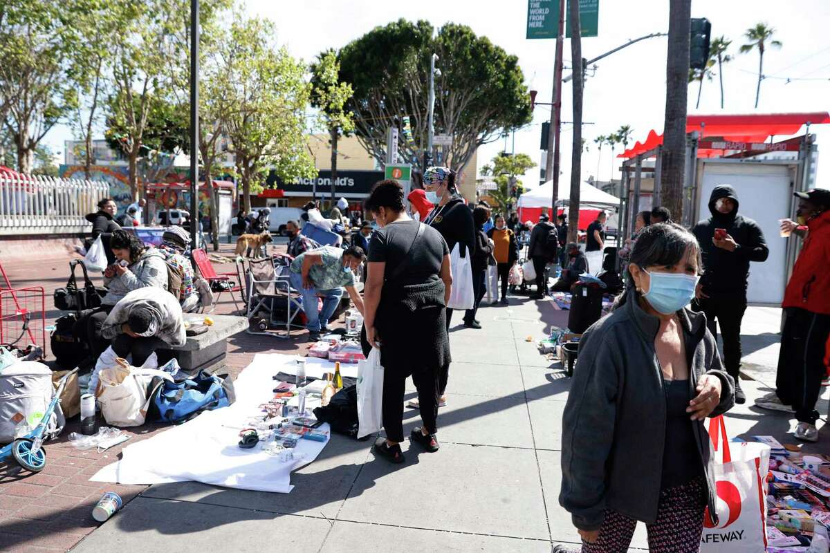 San Francisco to seize goods from street venders without permits. The BART plaza and sidewalk at 24th and Mission are seen filled with street vendors and customers on Thursday, March 24, 2022 in San Francisco, Calif.