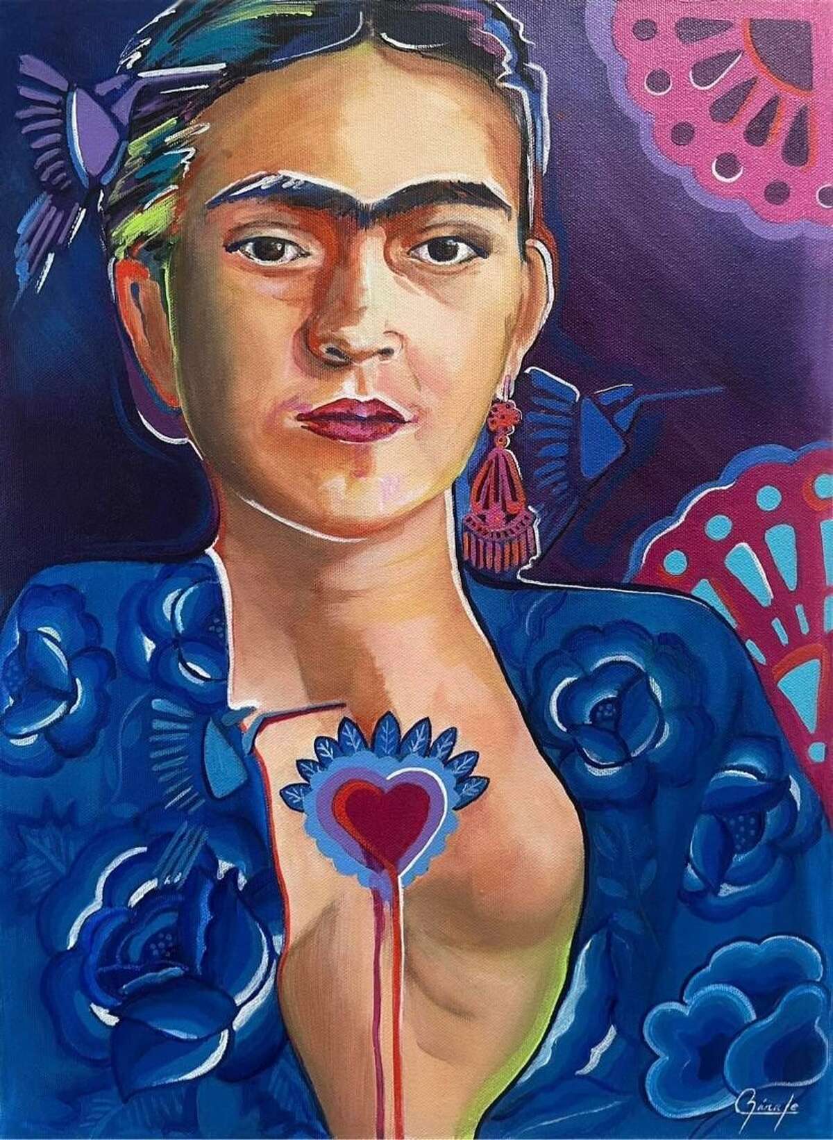 “Mensaje Colibrí”/ “Message Colibri”, acrílico sobre tela, de Bibi Zárate. La pieza es una de las obras que serán parte de la exposición Colectiva “100 Fridas para Frida” que se inaugurará el 1 de septiembre de 2022 en París, Francia.