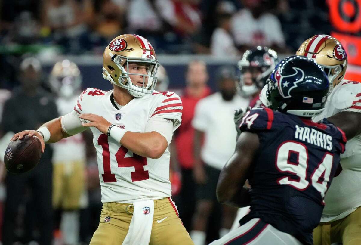 San Francisco 49ers quarterback Brock Purdy (14) passes during the fourth quarter of an NFL game Thursday, Aug. 25, 2022, in Houston.