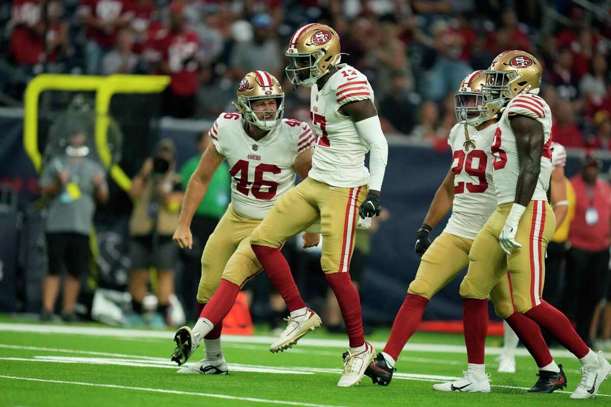 San Francisco 49ers wide receiver Malik Turner (17) celebrates a play with teammate Taybor Pepper (46) during the first half of an NFL football game against the Houston Texans, Thursday, Aug. 25, 2022, in Houston. (AP Photo/Eric Christian Smith)