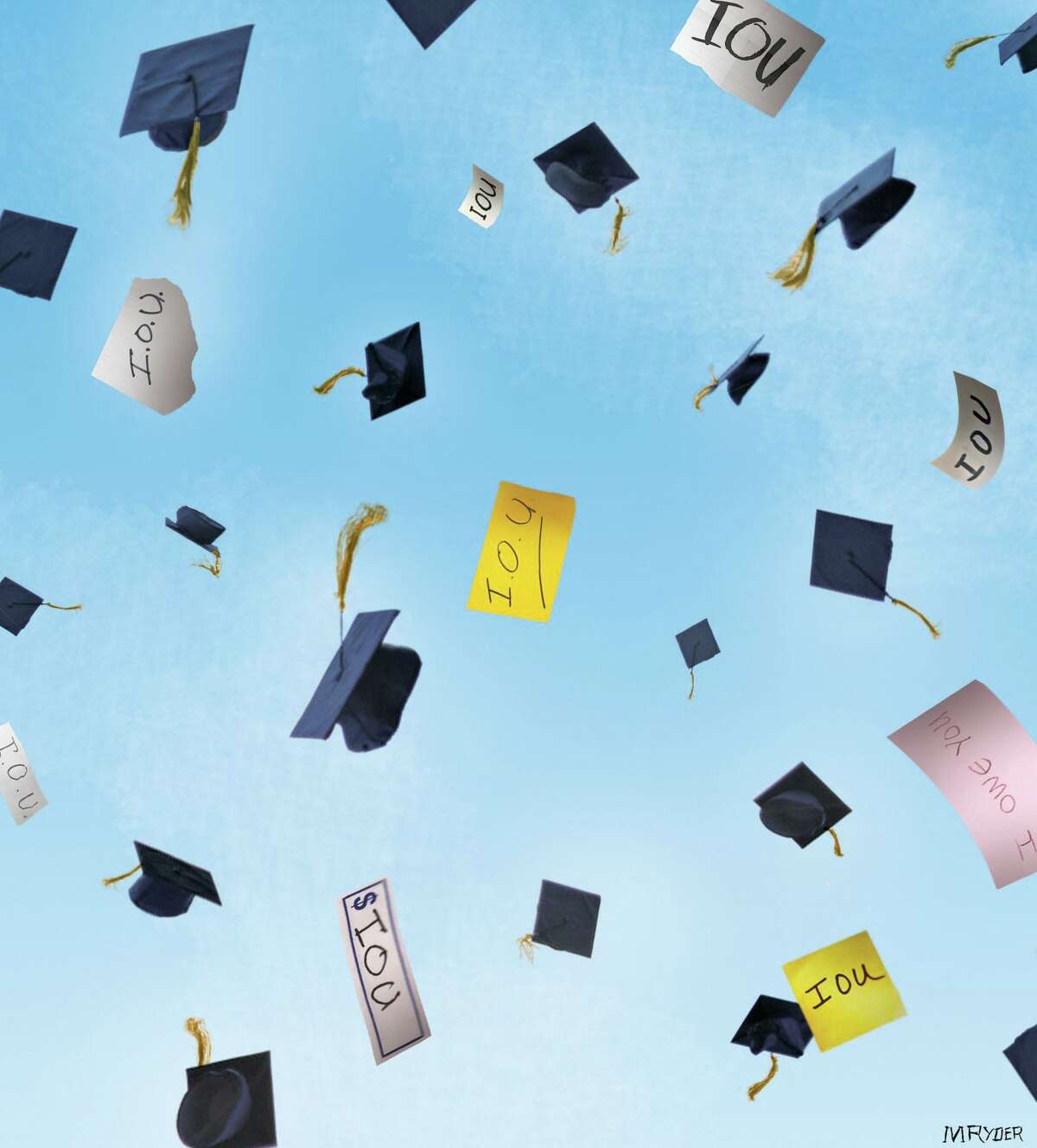 This artwork by M. Ryder relates to college graduates and their looming educational debt.