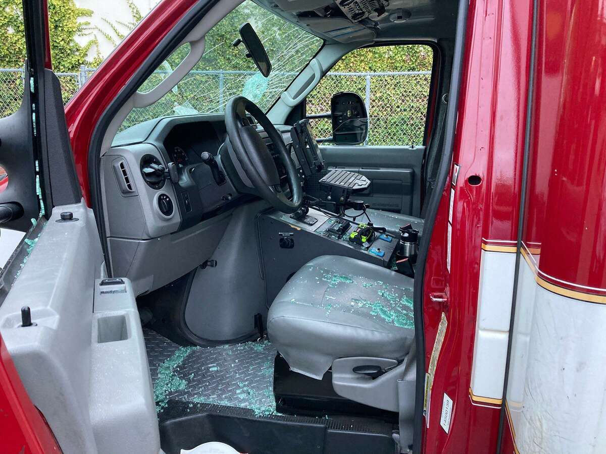 The interior of an ambulance after what officials described as an attack against two paramedics in San Francisco, Calif.