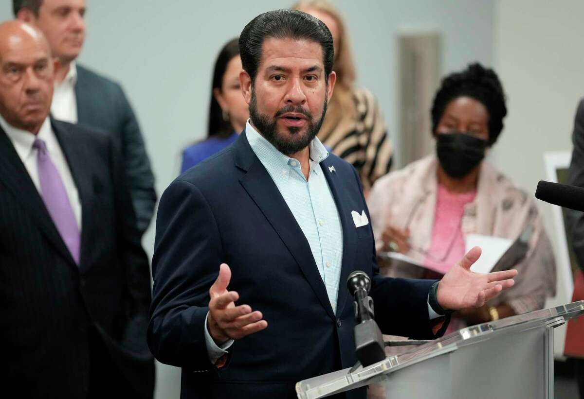 Adrian Garcia, Harris County Commissioner, speaks during a press conference on Tuesday, Aug. 9, 2022, in Houston.
