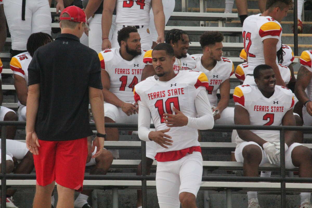 Brandon Childress (10) gets ready to join his teammates for a media day photo on Aug. 20. The former Baldwin All-Stater is a senior with Ferris State's football team.