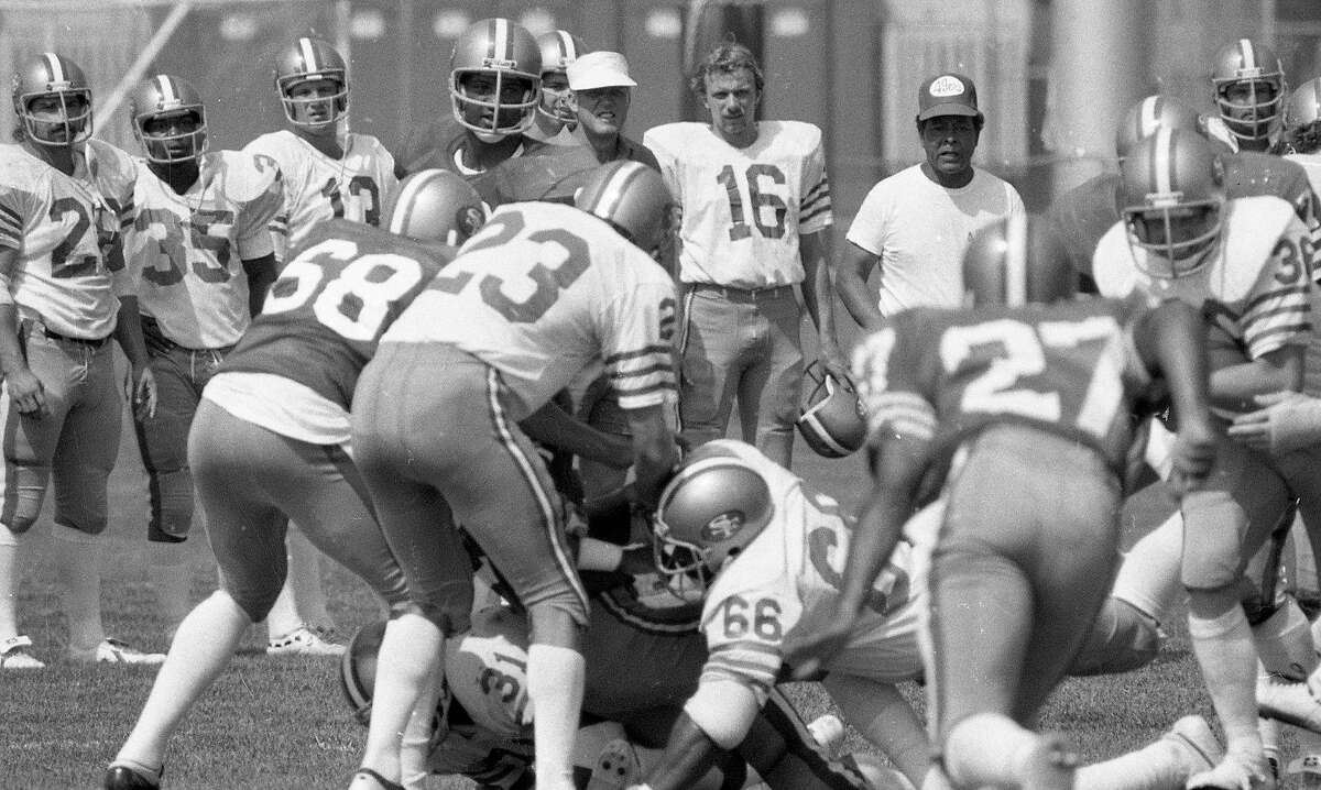 Joe Montana (16) at his first training camp with the 49ers, July 17, 1979