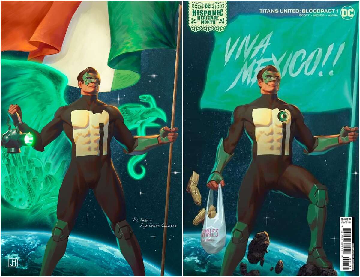 Pictured is the original and updated DC Comics art of Green Lantern Kyle Rayner for Hispanic Heritage Month.