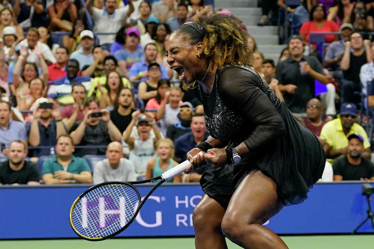 Serena Williams exults during her first-round U.S. Open match against Danka Kovinic in New York.