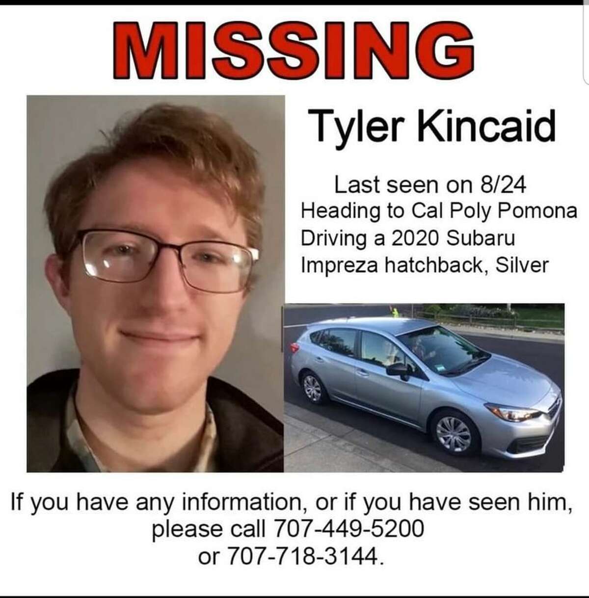 This poster shows information for the missing student, Tyler Kincaid.