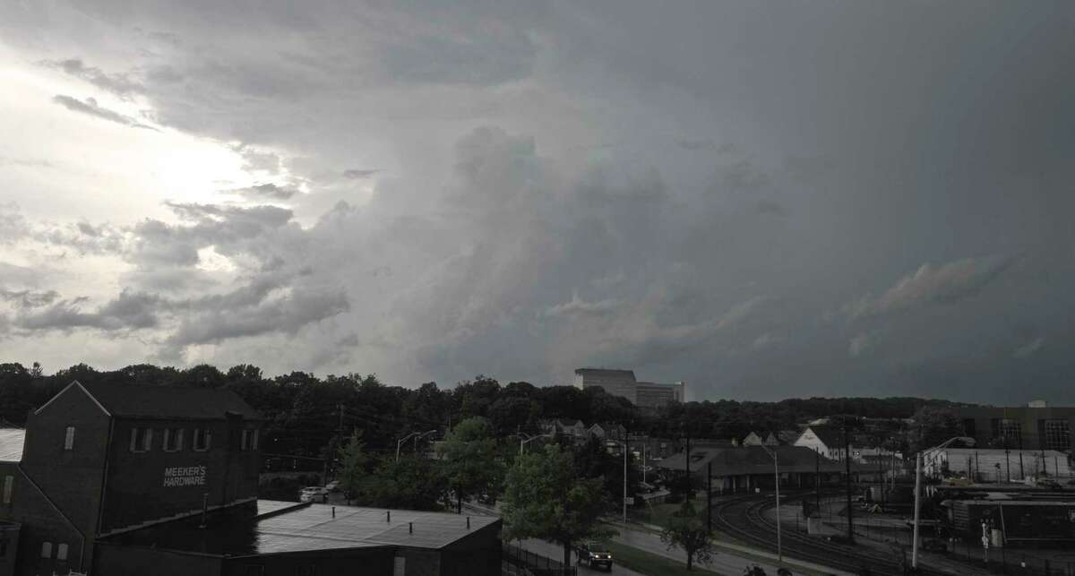 Looking towards Danbury Hospital as a quick moving thunderstorm moved through Danbury, Conn. Storms could impact the state Tuesday evening, Aug. 30, 2022, bringing damaging winds and heavy rain, the National Weather Service said.