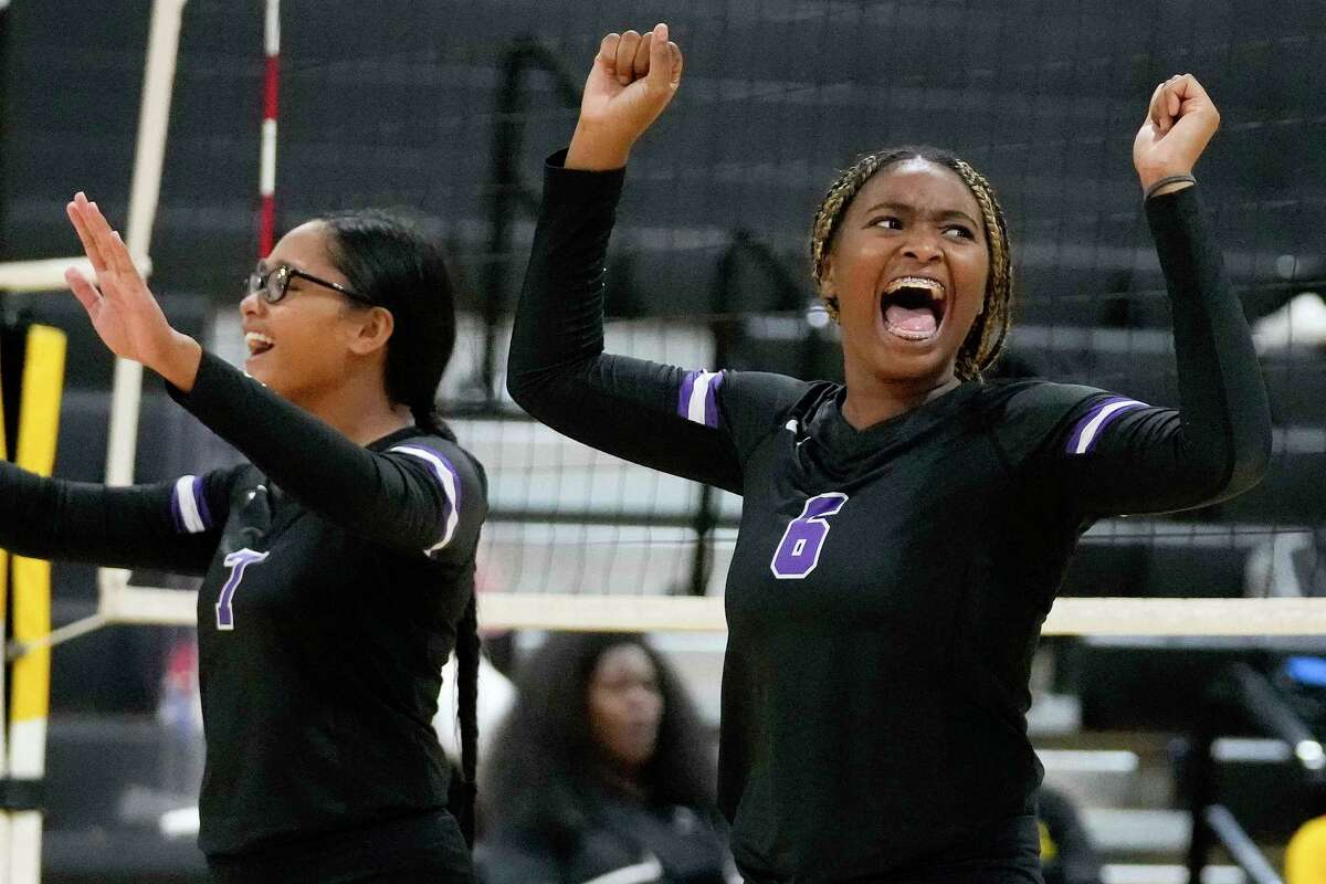 Humble's Jada James (6) celebrates a point during a high school volleyball match against Eisenhower, Tuesday, Aug. 23, 2022, in Houston.