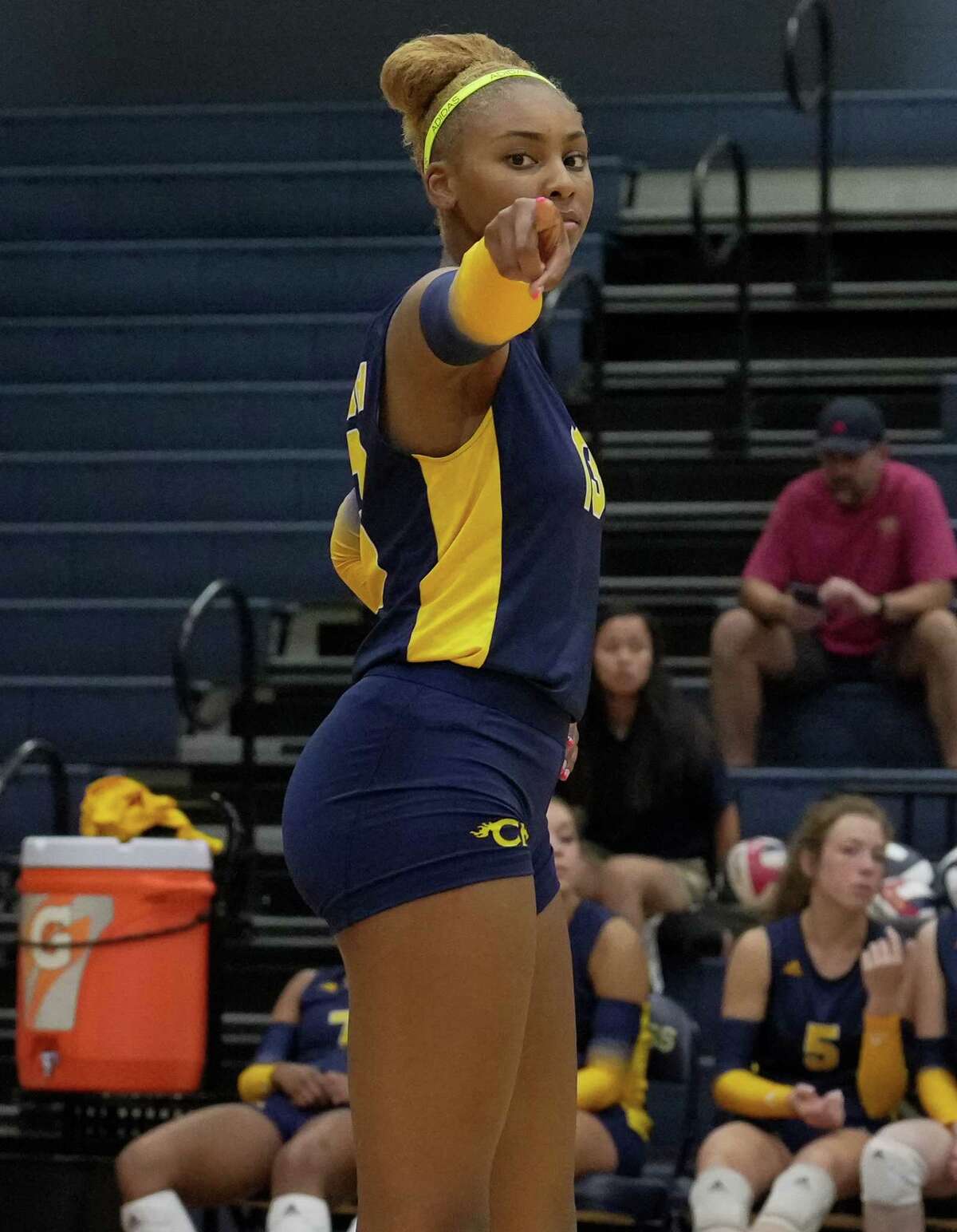Cypress Ranch outside hitter Bianna Muoneke points to the stands during the third set of a volley ball match against Tomball Friday, Aug. 19, 2022, in Cypress. Cypress Ranch swept Tomball in three sets.