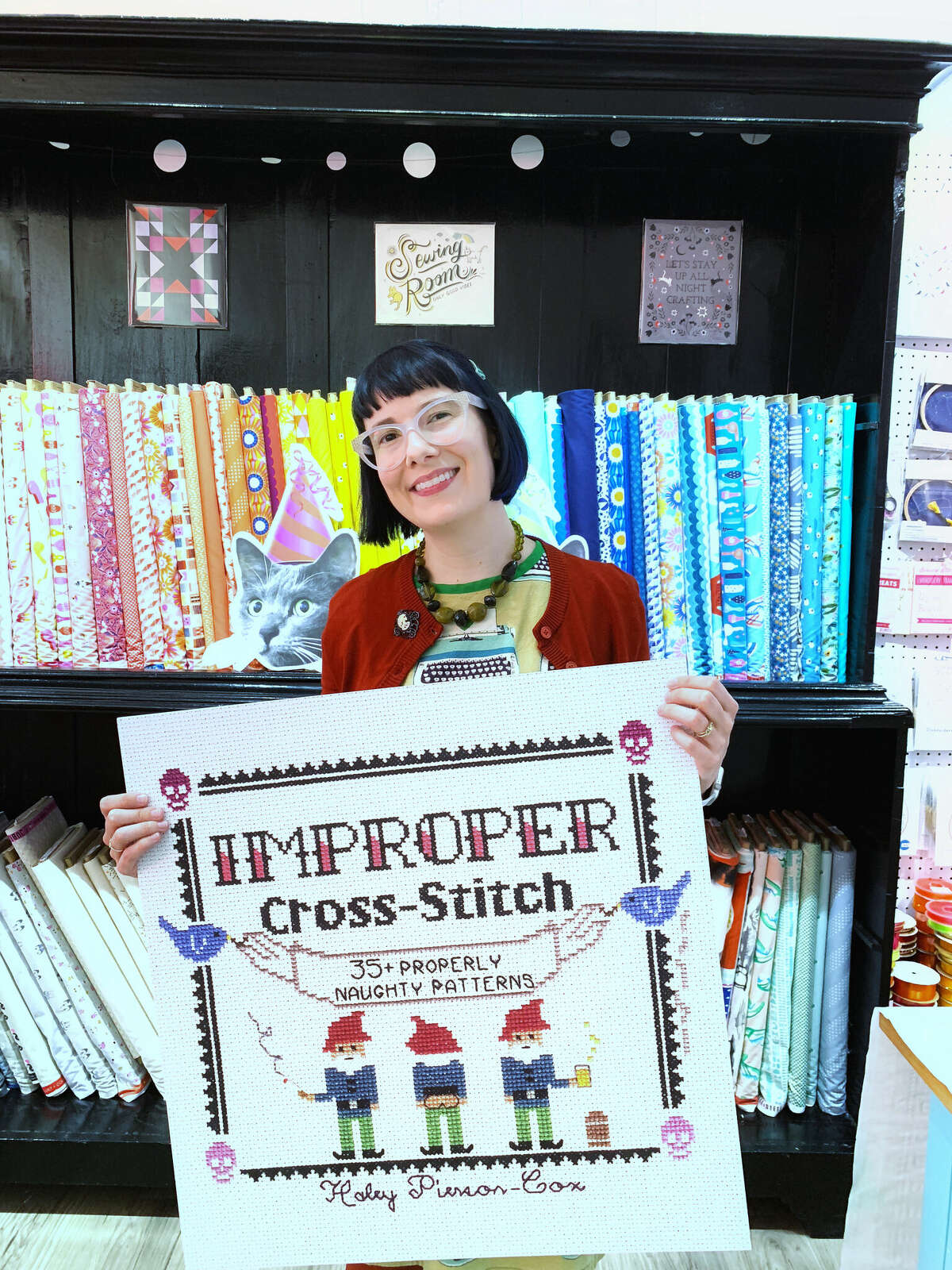 Author and needlecraft artist Haley Pierson-Cox creates all sorts of cross-stitch designs that include irreverent spins on classic patterns. One of her first books was "Improper Cross-Stitch," which includes an Art Deco-inspired version of the F-word.