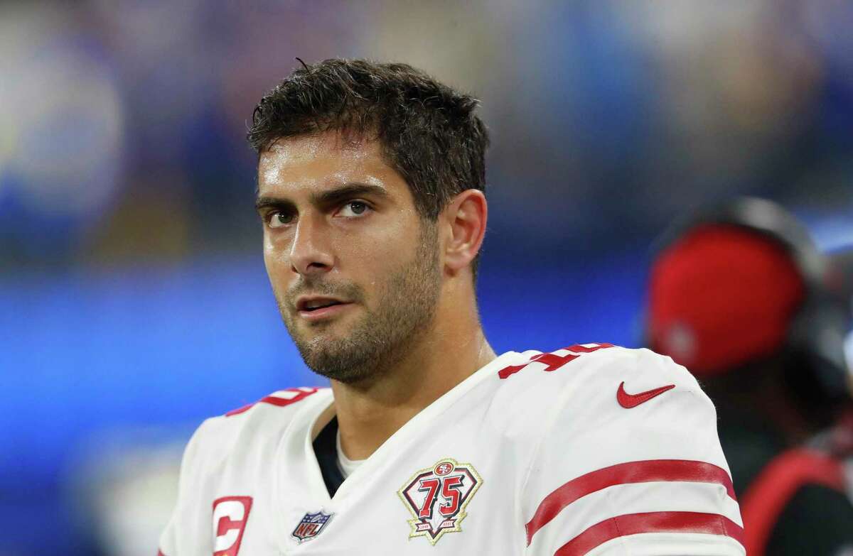 Jimmy Garoppolo sits on the bench as the San Francisco 49ers lose to the Los Angeles Rams, 20-17 in the NFC championship game at Sofi Stadium in Inglewood, California, on Sunday, Jan. 30, 2022. (Karl Mondon/Bay Area News Group/TNS)
