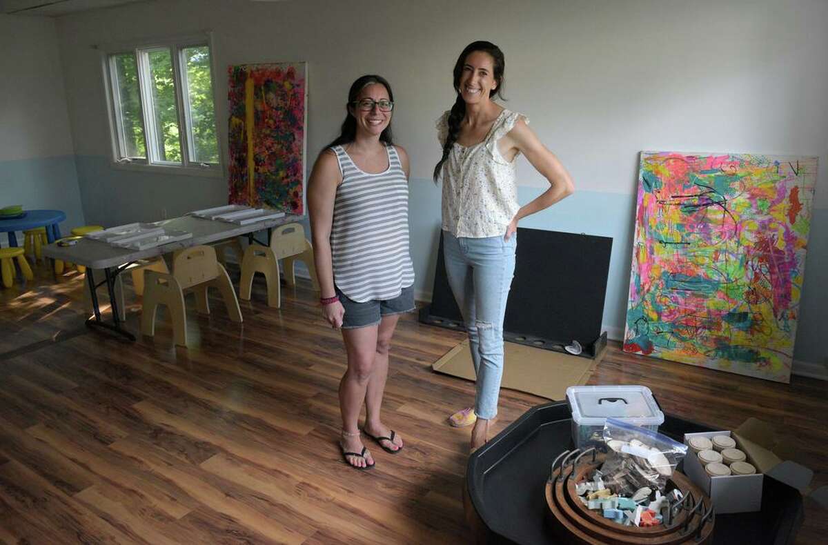 From left, 2 Blue Hens co-owners Liz Raymond and Rosie Snow Voulgaris anticipate opening their creative business at its new storefront at 80 Grove Str. in Ridgefield on Sept. 18.