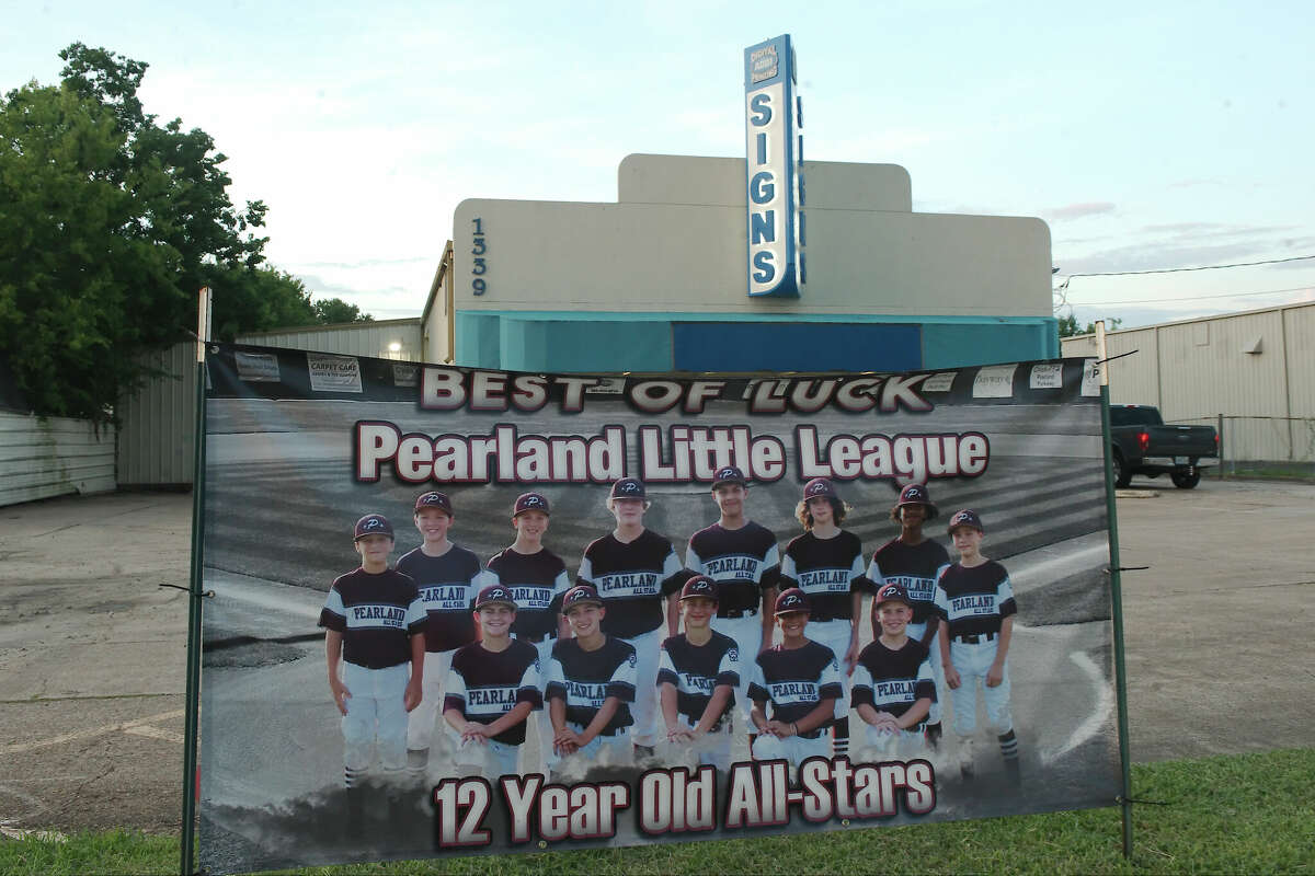 A banner outside Digital ADDI Printing in Pearland wishes good luck to the Pearland All-Stars during the team's trip to the Little League World Series.