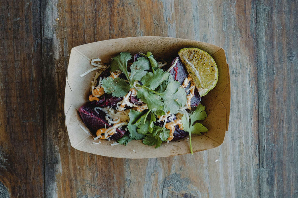 Street Beets are one of the vegetarian choices on the menu at Lo Salvaje food truck, which can be found at Desert Door Distillery in Driftwood, Texas. The crispy veggies are topped with cotija cheese, lime, cilantro and spicy morita mayonnaise.
