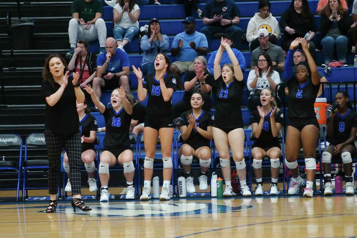 Clear Springs volleyball celebrates a point against Deer Park Tuesday, Aug. 30, 2022 at Clear Springs High School.