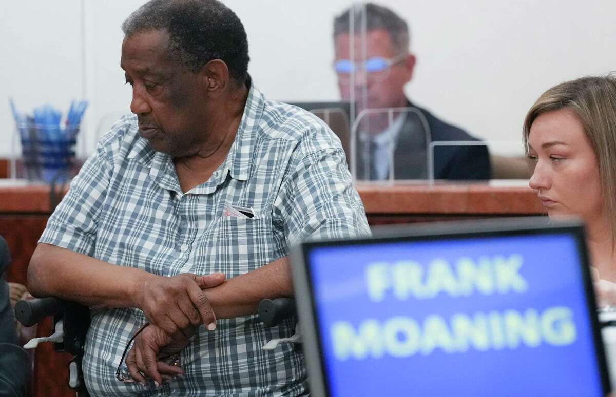 Frank Morning sits with his defense attorneys as he stands trial for a 2018 gas station killing on Monday, Aug. 29, 2022 in Houston. Defense attorney says Moaning had enough of the young people hanging out at the gas station and snapped.
