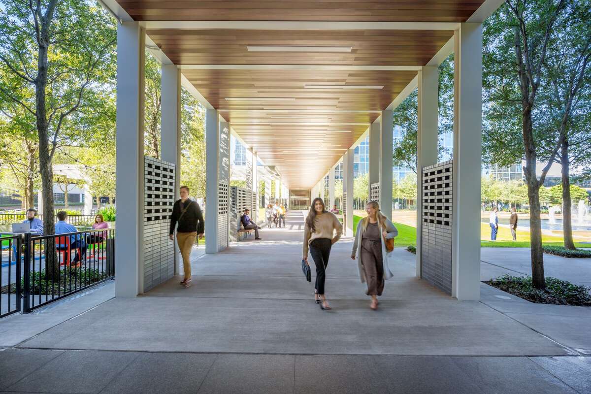 A walkway at Greenway Plaza, the mixed-use campus near Upper Kirby and River Oaks where Invesco recently recommitted to a large office presence.