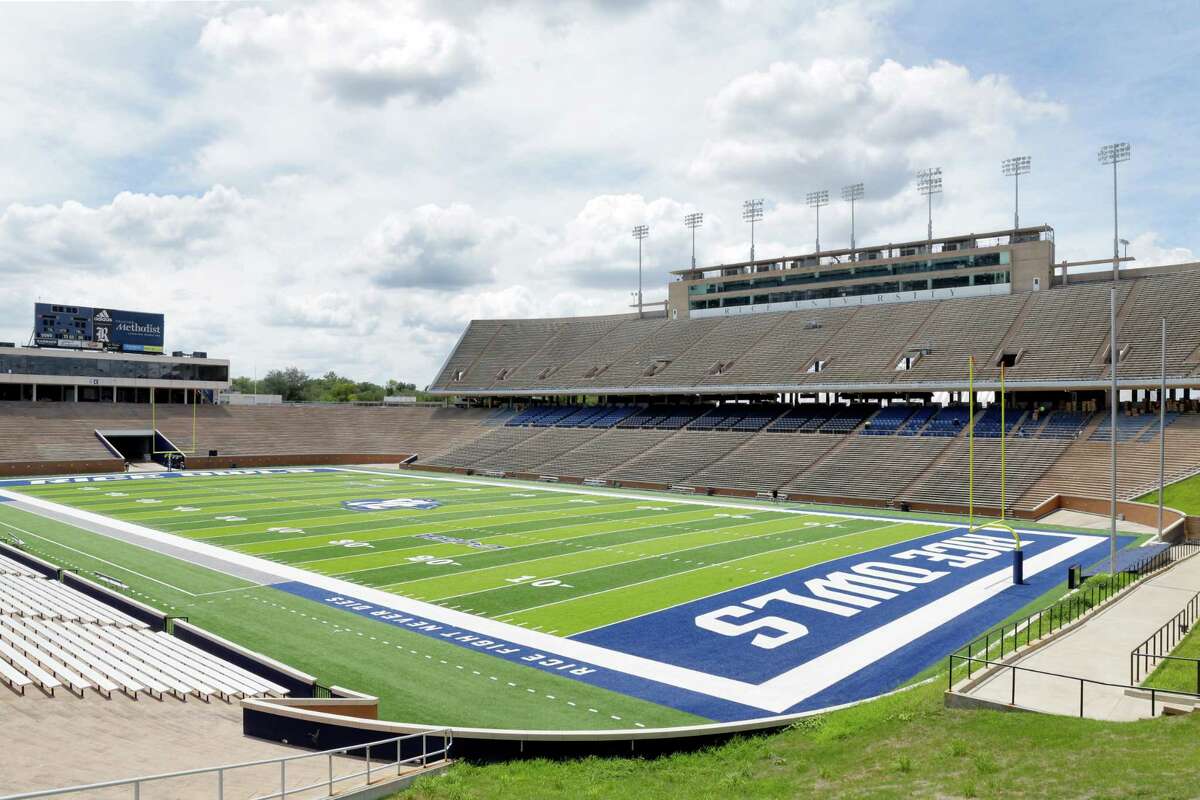 Refurbishments to Rice Stadium include a new brick wall that surrounds a modernized playing field, as well as improved seating sections.