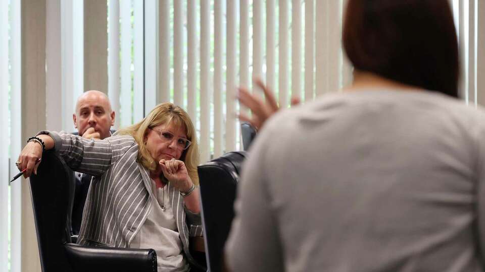 Texas State Board of Education Chairman Keven Ellis, (Lufkin), left, and member Pam Little, (Fairview), listen to public testimony on the proposed changes to the state's social studies curriculum in Austin, Texas, Tuesday, Aug. 30, 2022.