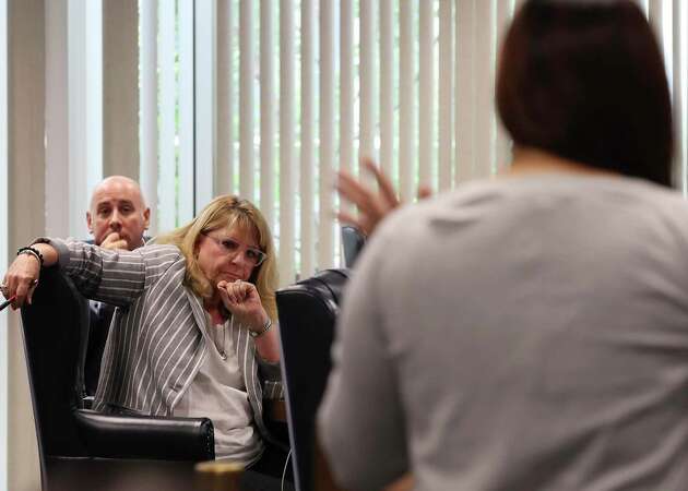 Texas State Board of Education Chairman Keven Ellis, (Lufkin), left, and member Pam Little, (Fairview), listen to public testimony on the proposed changes to the state's social studies curriculum in Austin, Texas, Tuesday, Aug. 30, 2022.