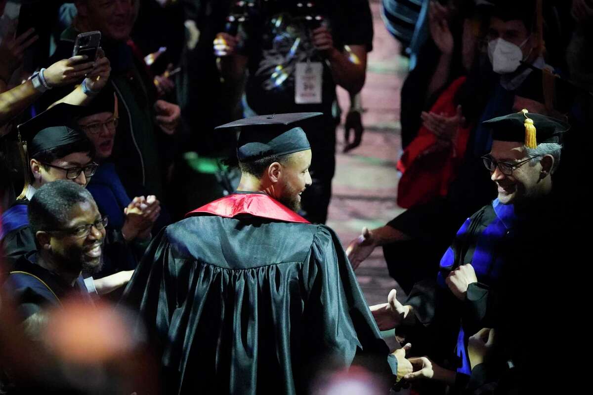 Golden State Warriors Stephen Curry arrives for his graduation ceremony at Davidson College on Wednesday, Aug. 31, 2022, in Davidson, N.C. Curry was also inducted into the school's Hall of Fame and his number and jersey were retired during the event. (AP Photo/Chris Carlson)