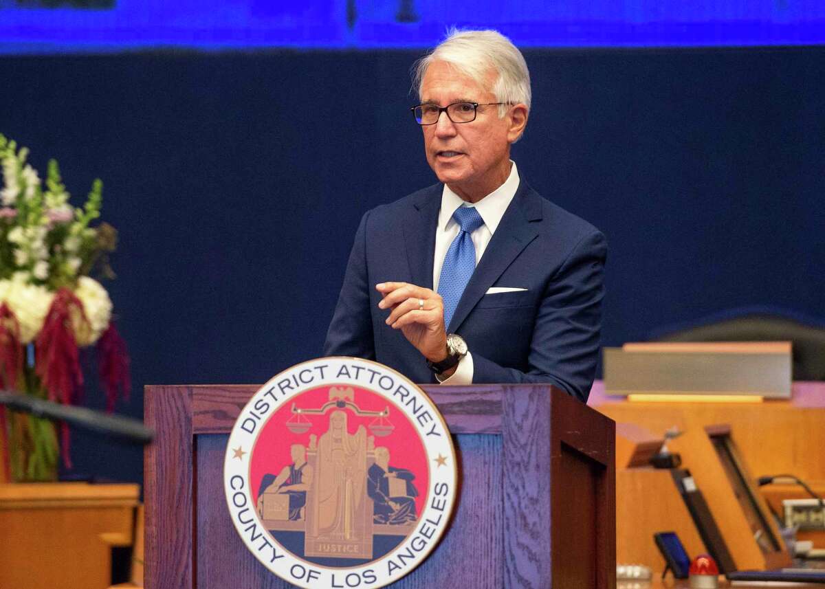 Los Angeles County District Attorney George Gascon speaks after he was sworn in during a virtual ceremony in Los Angeles.