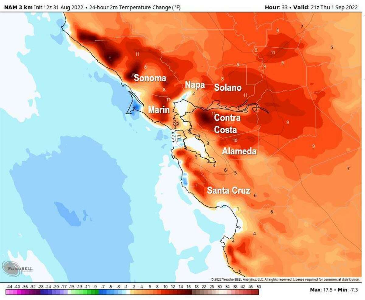 The first round of hot temperatures from this heat wave roll into the Bay Area today, bringing 3-5 degrees of warming to San Francisco and 5-10 degrees of warming for much of the Bay Area. A few places in the North Bay and East Bay will trend even higher.