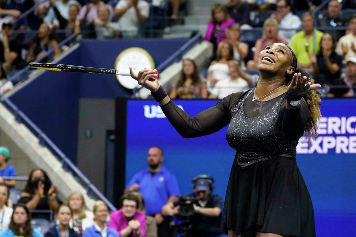 Serena Williams, of the United States, reacts during a match against Anett Kontaveit, of Estonia, at the second round of the U.S. Open tennis championships, Wednesday, Aug. 31, 2022, in New York.