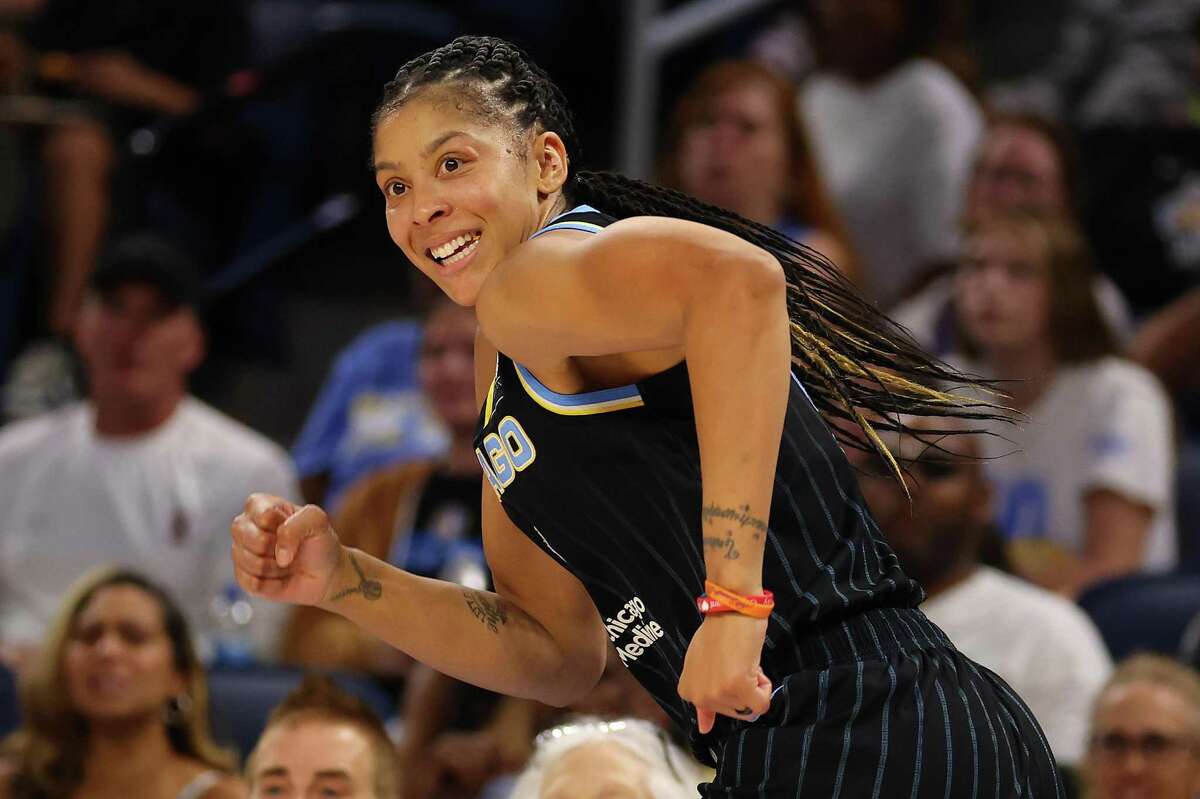 CHICAGO, ILLINOIS - AUGUST 31: Candace Parker #3 of the Chicago Sky reacts against the Connecticut Sun during the first half in Game Two of the 2022 WNBA Playoffs semifinals at Wintrust Arena on August 31, 2022 in Chicago, Illinois. NOTE TO USER: User expressly acknowledges and agrees that, by downloading and/or using this photograph, User is consenting to the terms and conditions of the Getty Images License Agreement. (Photo by Michael Reaves/Getty Images)