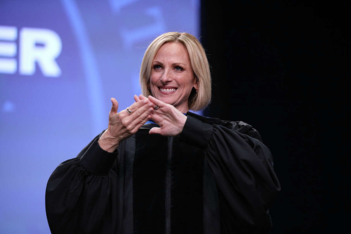 Actor Marlee Matlin signs onstage during Gallaudet University's commencement at Gallaudet University on May 13. Matlin will be taking part in a Zoom presentation Sept. 14 through the Jacksonville Public Library.