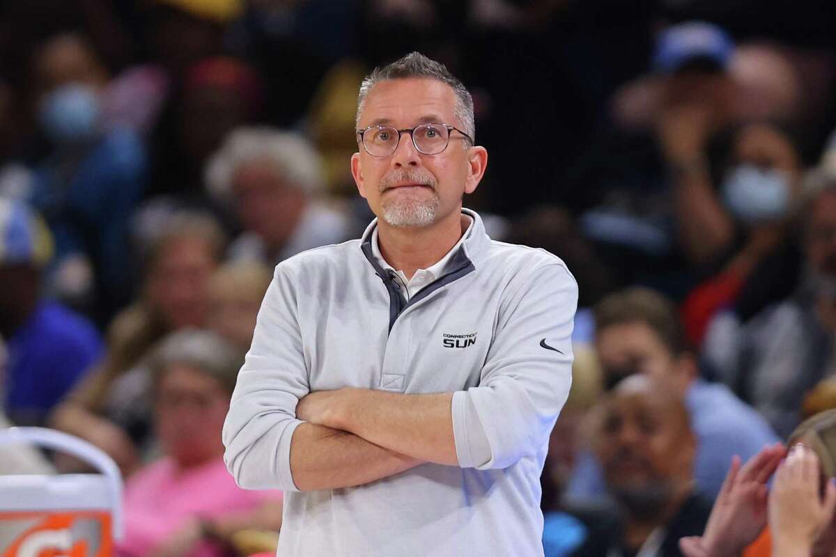 Connecticut Sun coach Curt Miller reacts against the Chicago Sky during the first half in Game 2 of the WNBA semifinals at Wintrust Arena on Wednesday in Chicago.