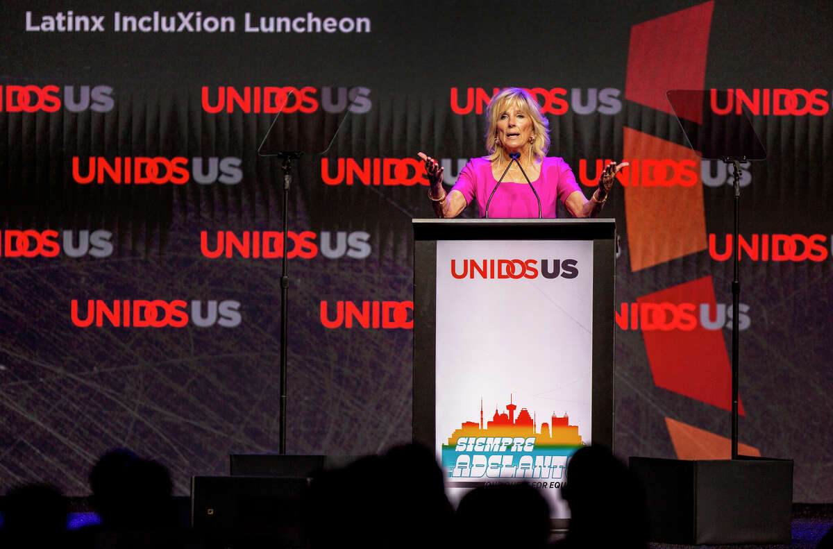 First lady Jill Biden at the Latinx IncluXion luncheon of the UnidosUS annual conference in July in San Antonio. Biden drew criticism for her speech in which she mentioned the Latino community "as unique as the breakfast tacos here in San Antonio." Biden later apologized for the remark.