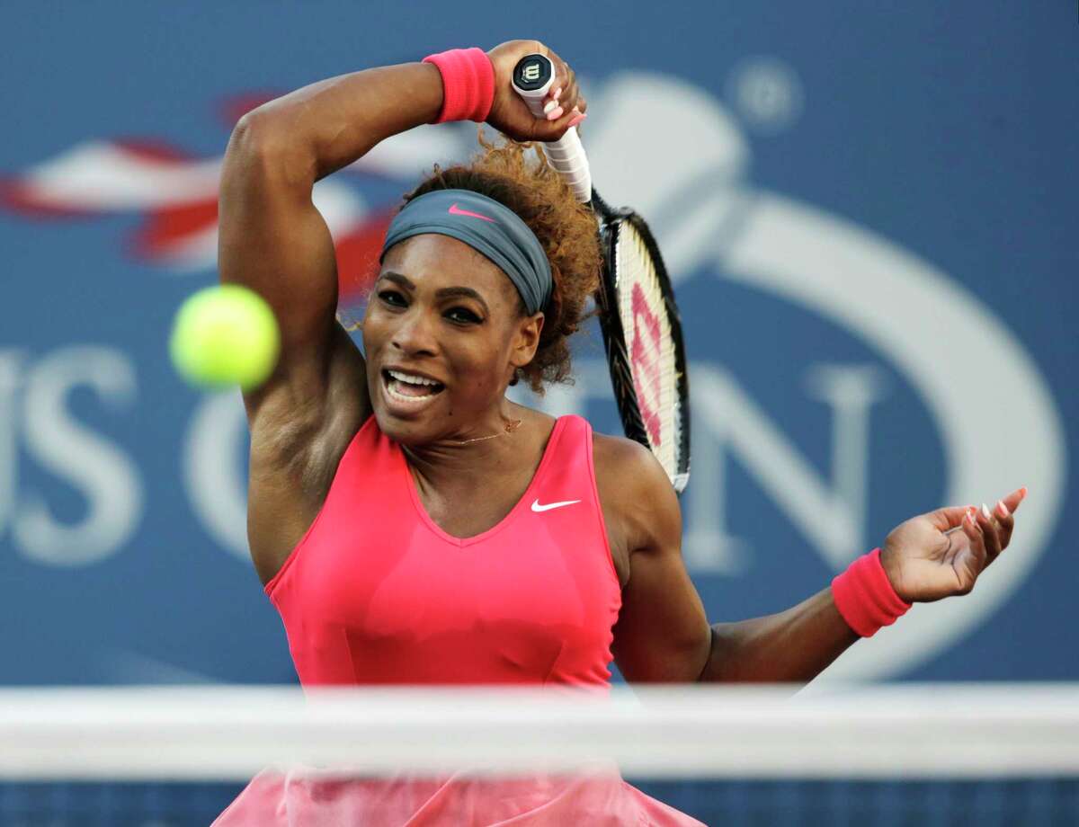 Serena Williams returns a shot to Victoria Azarenka, of Belarus, during the women's singles final of the 2013 U.S. Open tennis tournament, Sunday, Sept. 8, 2013, in New York. (AP Photo/Charles Krupa)