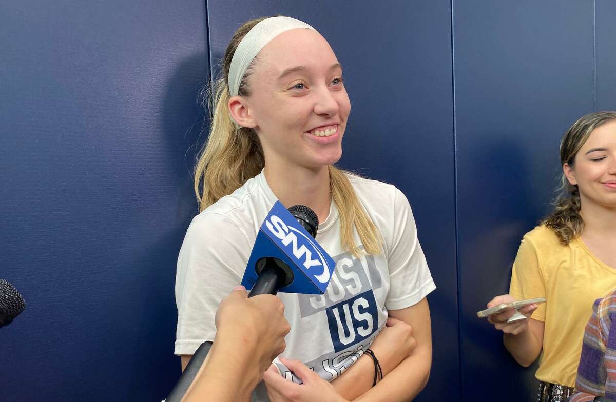 UConn star Paige Bueckers met with media Thursday for the first after suffering an ACL injury on Aug. 1. The junior will miss the whole 2022-23 season due to the injury.