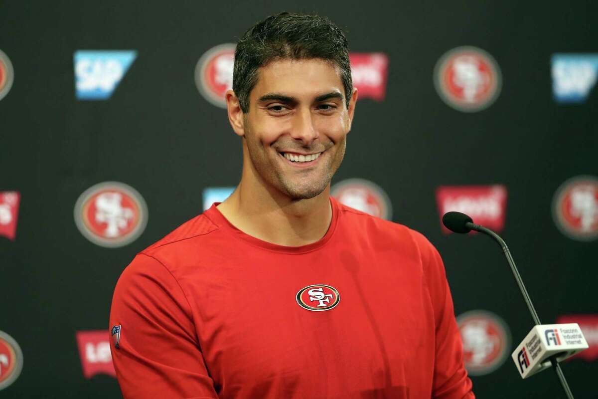San Francisco QB Jimmy Garoppolo speaks to the media after his first practice with the team this season on Thursday.