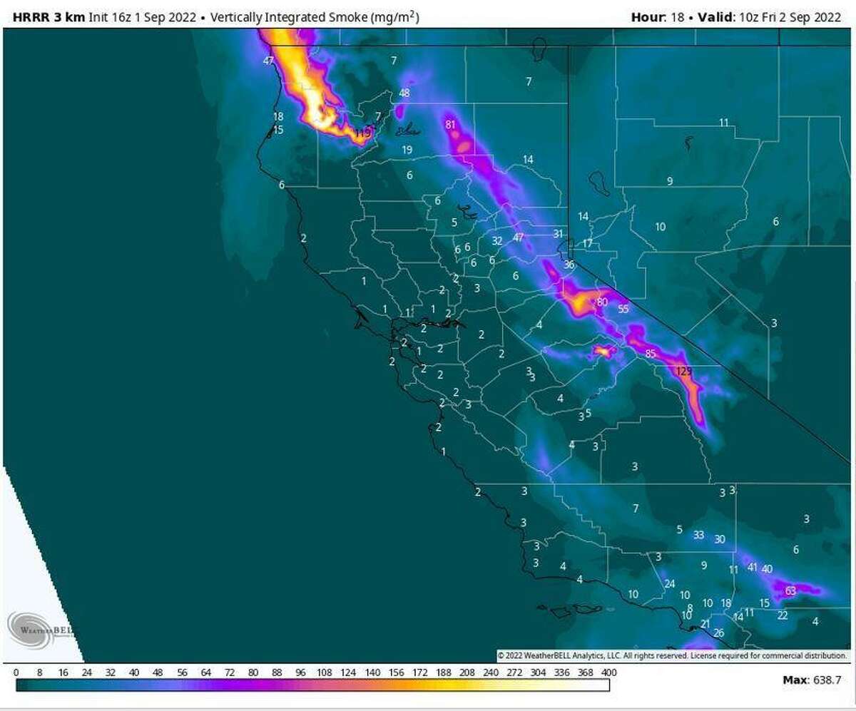 The latest North American weather model forecast smoke plume this weekend. Smoke from active wildfires in both northern and southern California will slowly spread into the Central Valley and Bay Area.