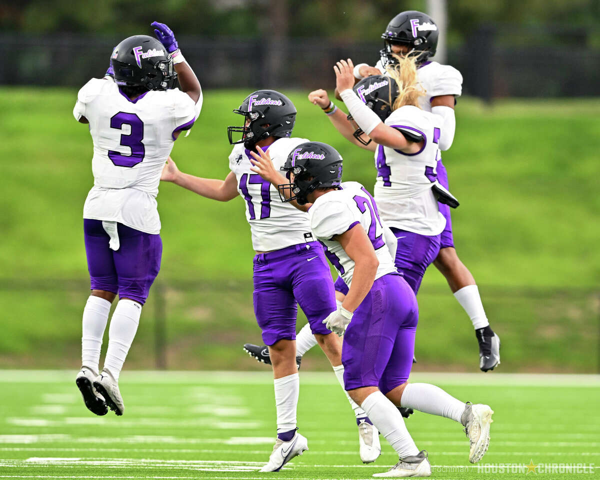 September 01, 2022; Katy, Texas: Fulshear Kaden Jones (17) is congratulated by teammates on his fumble recovery during the first quarter against the Clements of non district play, at Rhodes Stadium.