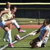 Mercy goalie Melina Ford defends against St. Joseph in a scrimmage in Trumbull on Sepember 1, 2022.
