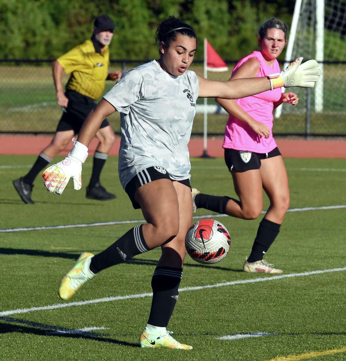 Mercy goalie Melina Ford punts the ball against St. Joseph in a scrimmage in Trumbull on Sepember 1, 2022.