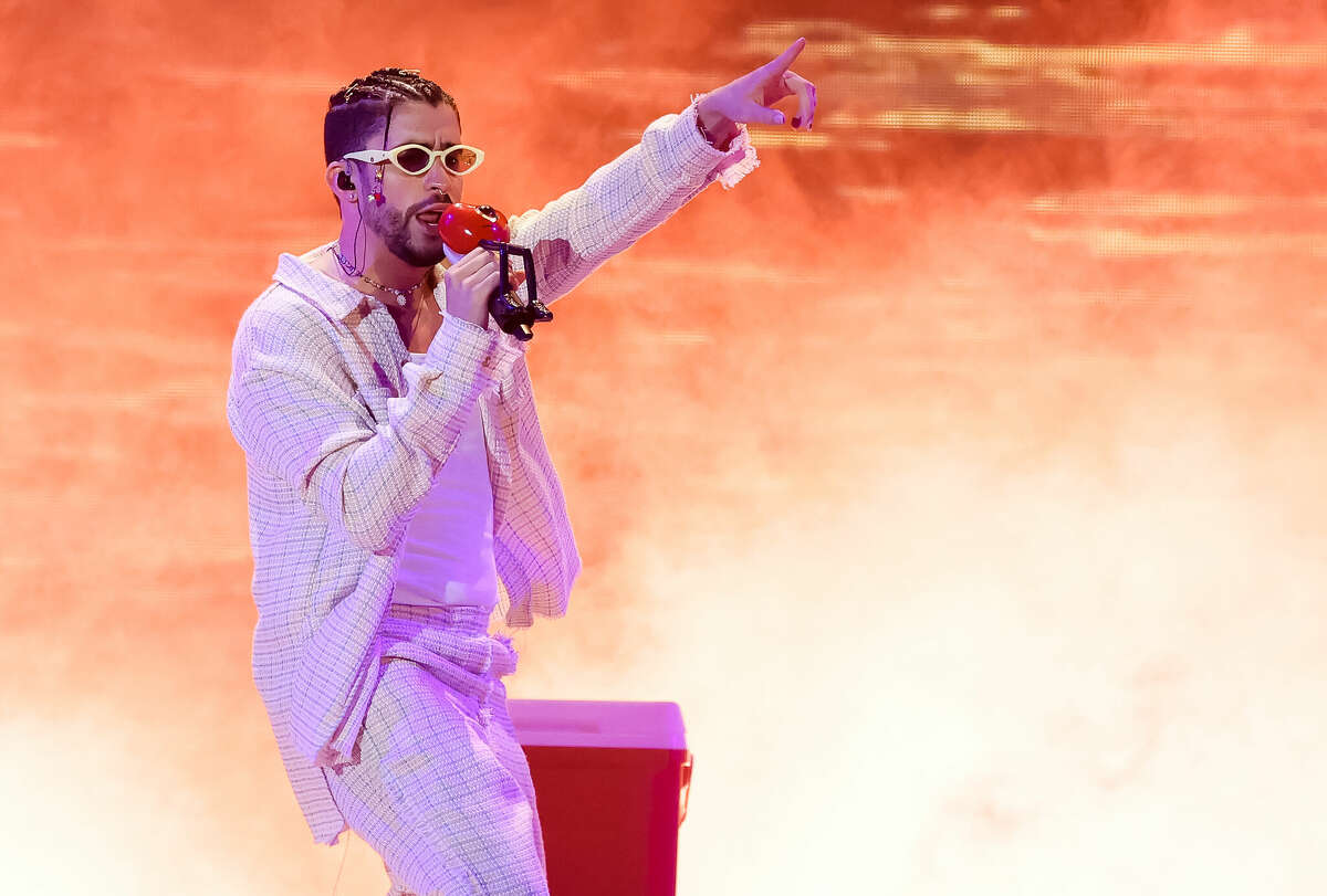 Bad Bunny performs on stage during his World's Hottest Tour at Hard Rock Stadium on August 12, 2022 in Miami Gardens, Florida.