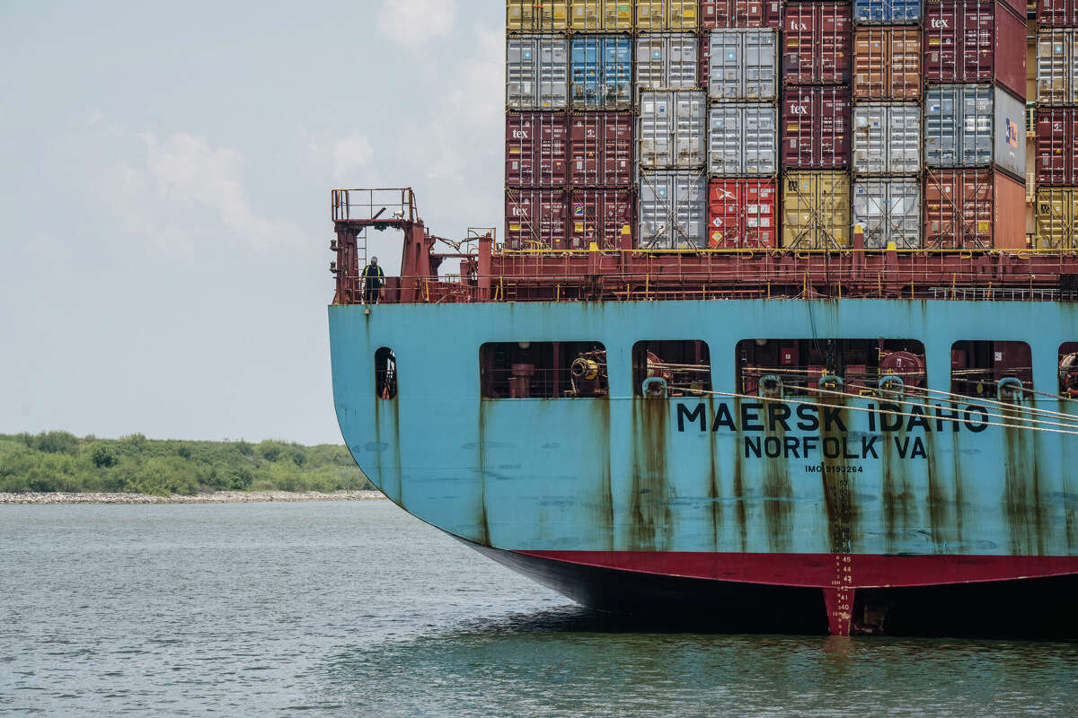 The Maersk Idaho container ship is shown at the Port of Houston Authority on July 29, 2021 in Houston, Texas.