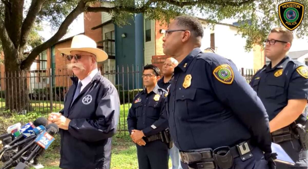 In this screengrab from a livestreamed Houston Police Department news conference, T. Michael O’Connor, U.S. Marshal for the Southern District of Texas and Kevin J. Deese HPD assistant chief, talks about a suspect who was shot and killed by the U.S. Marshal Task Force on Friday, Sept. 2, 2022. 