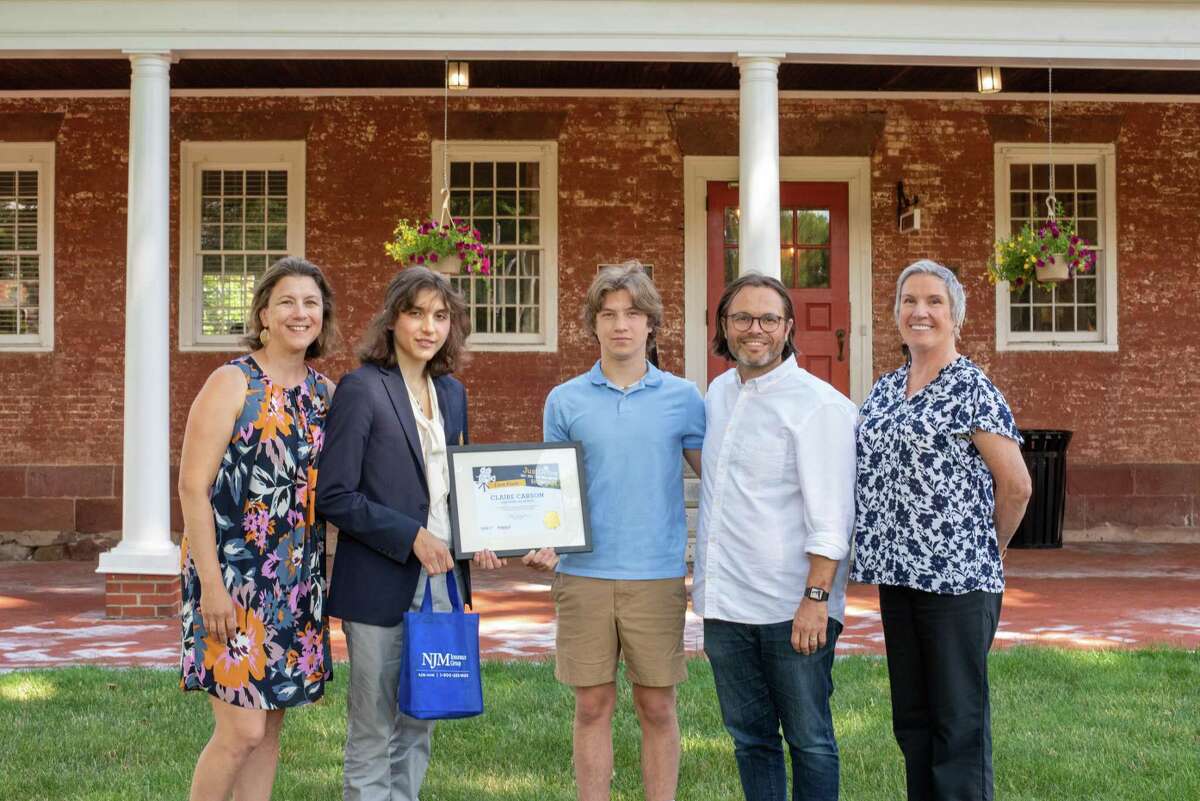 Claire Carson (second from left) placed first in Impact Teen Drivers’ Just Drive PSA Video & Social Media Contest’s PSA category. On July 7, Carson was joined by family and Meg Barbour (far right), education outreach manager for Impact Teen Drivers, on the Cheshire Academy campus to celebrate her accomplishment.