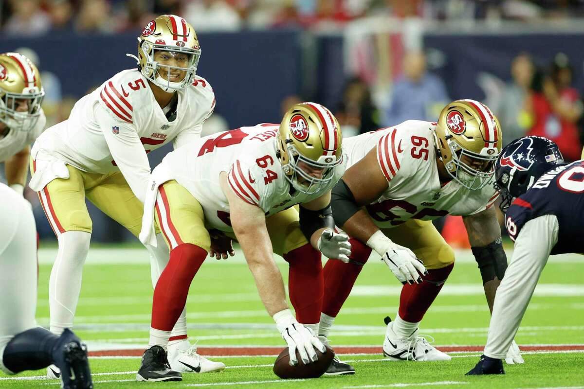 Among the linemen the 49ers are hoping will keep Trey Lance healthy are center Jake Brendel — whose last regular-season snap came in 2018 — and left guard Aaron Banks, a 2021 pick.
